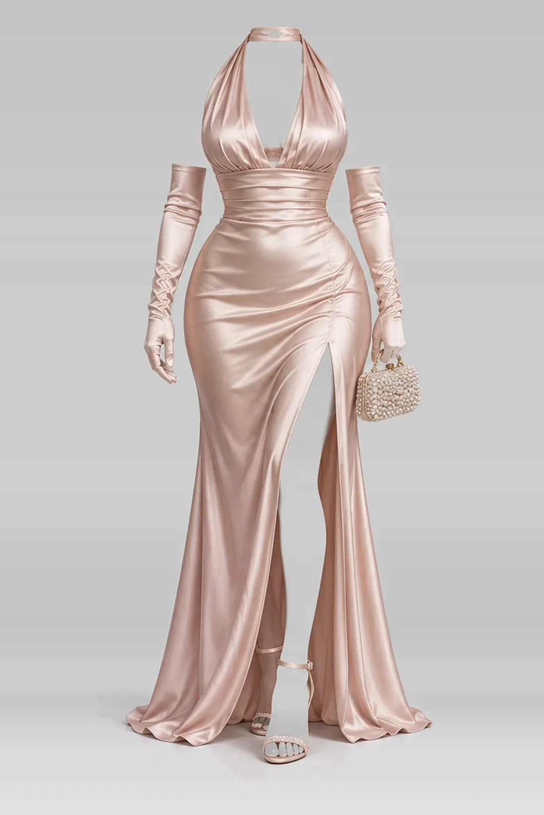 Pink satin gloves + high heels
