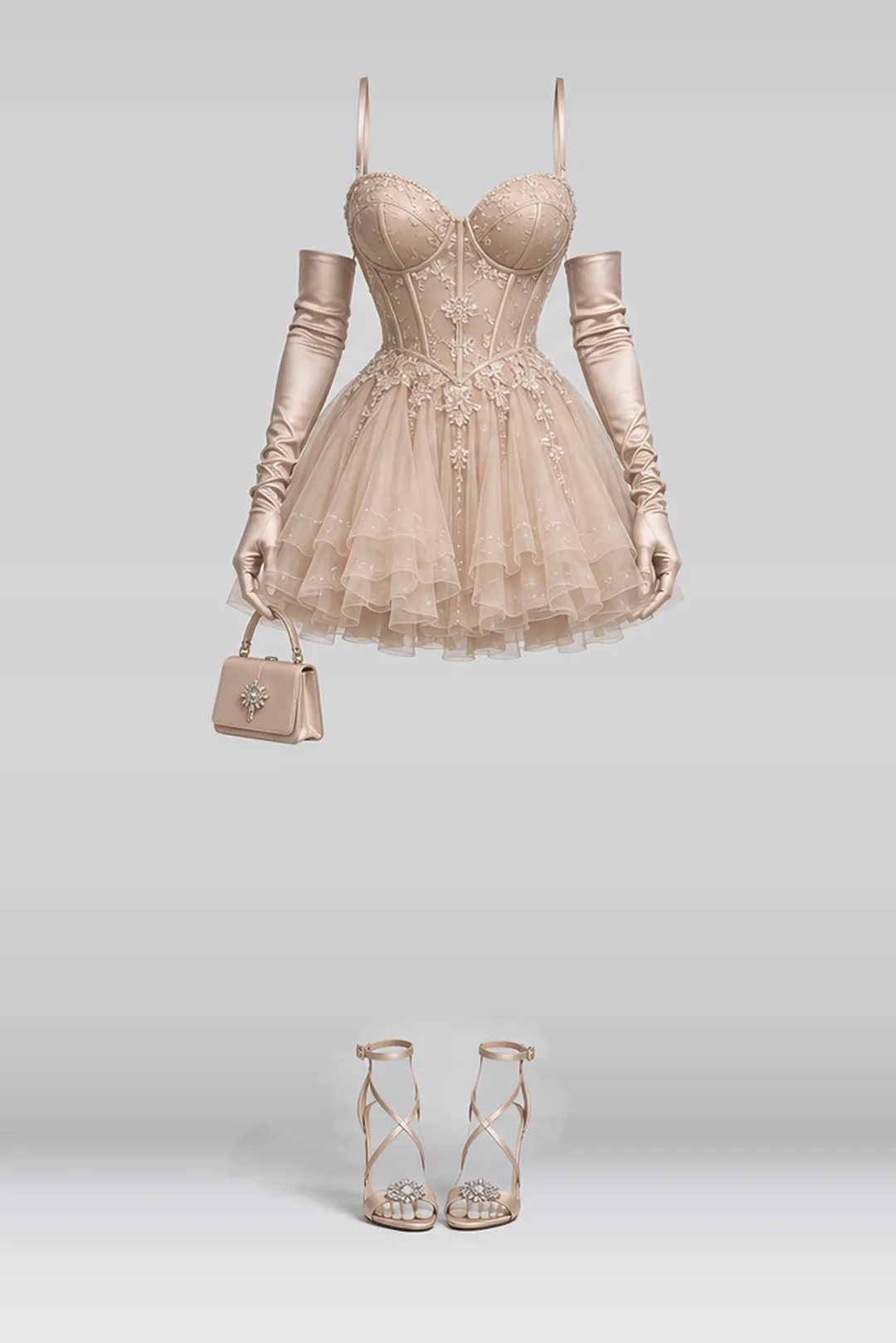 Beige mini dress + tulle skirt