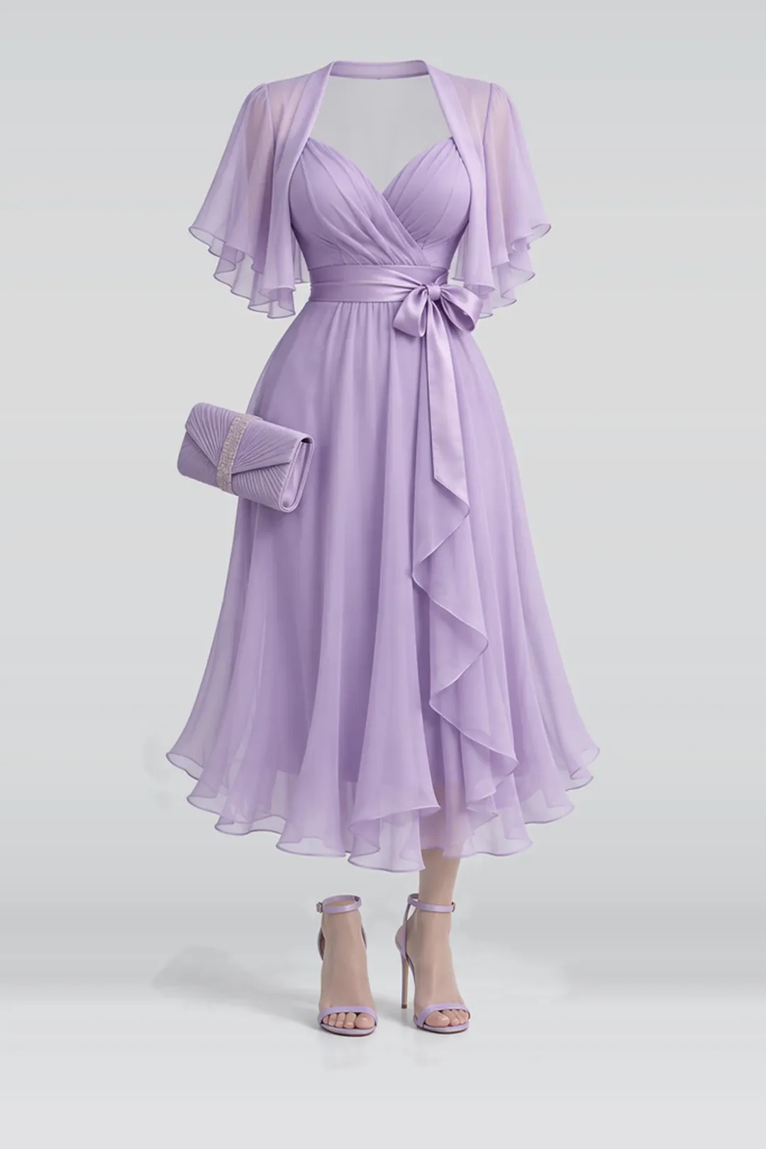Lavender chiffon midi dress + ribbon high heels