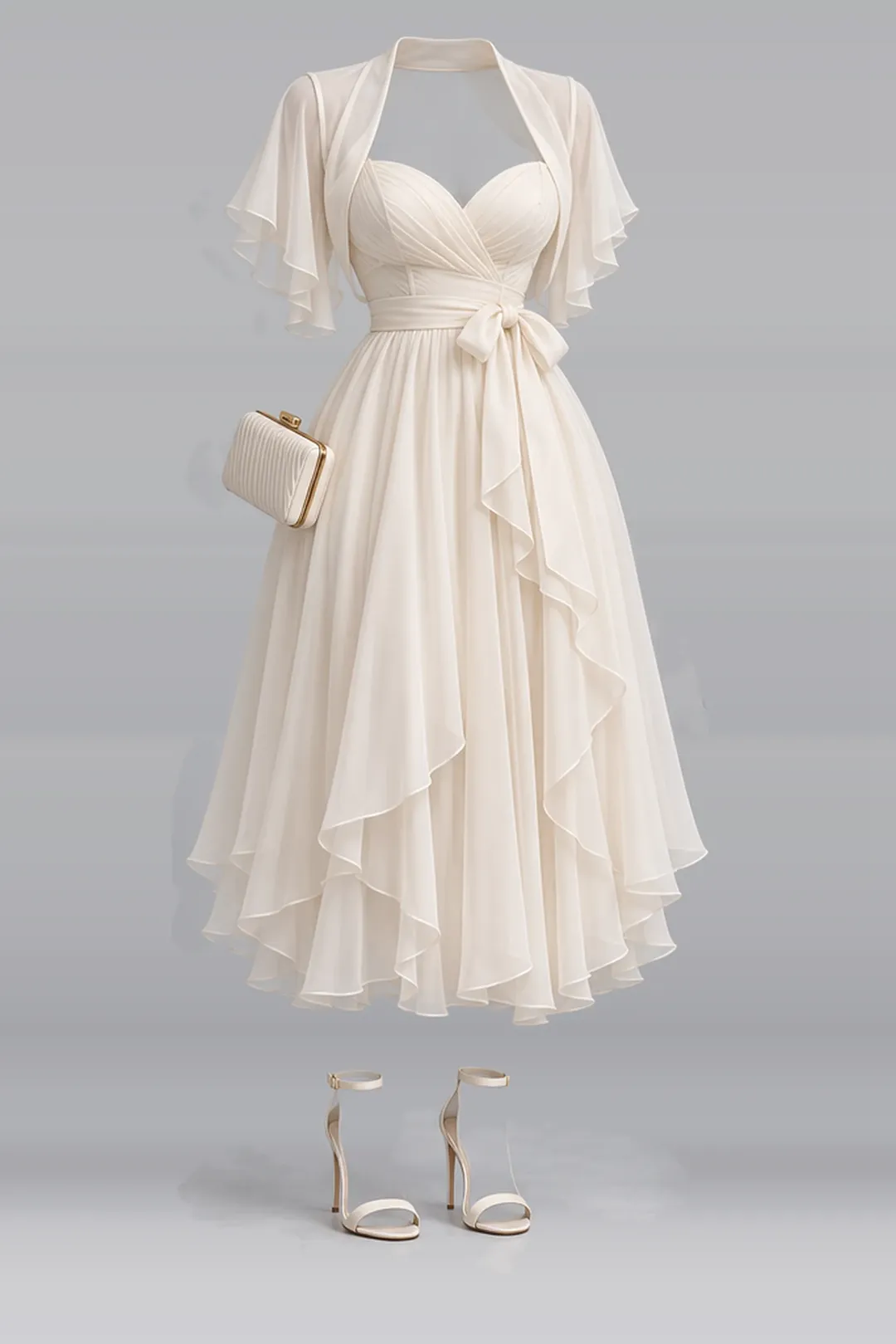 Ivory chiffon midi dress + ribbon high heels