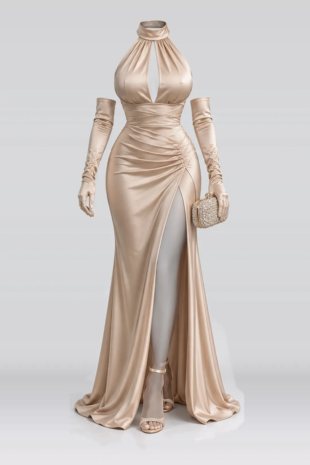 Beige satin gloves + high heels