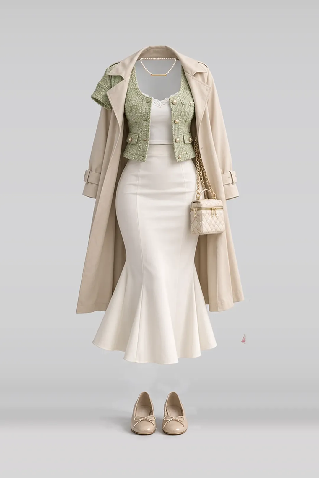 绿色夹克 + 象牙白中长裙