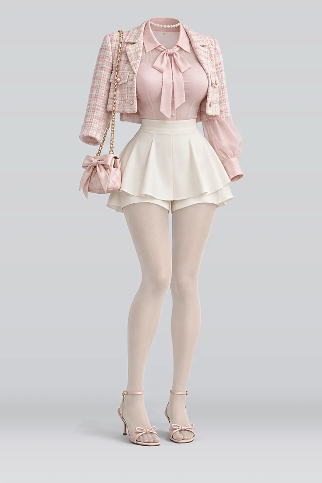 Pink blouse + ivory mini skirt