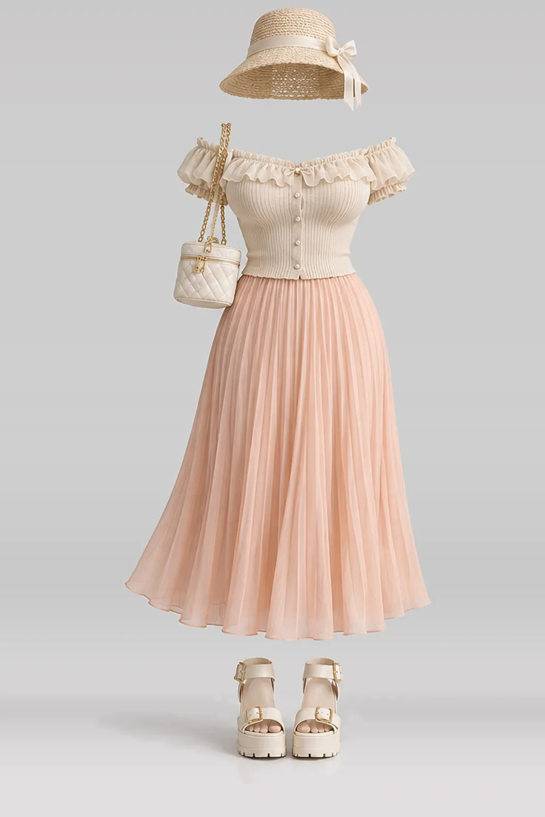 Beige frill knit pleated midi skirt + sandals