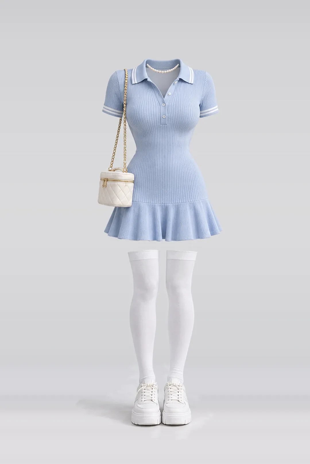 Blue knit dress + white socks
