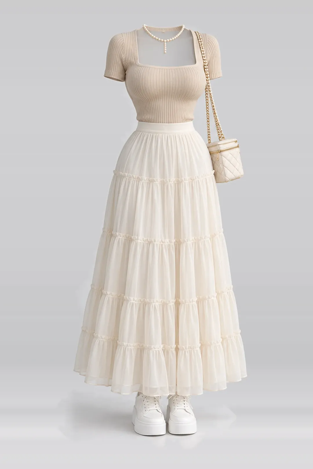 Beige knit top + ivory skirt