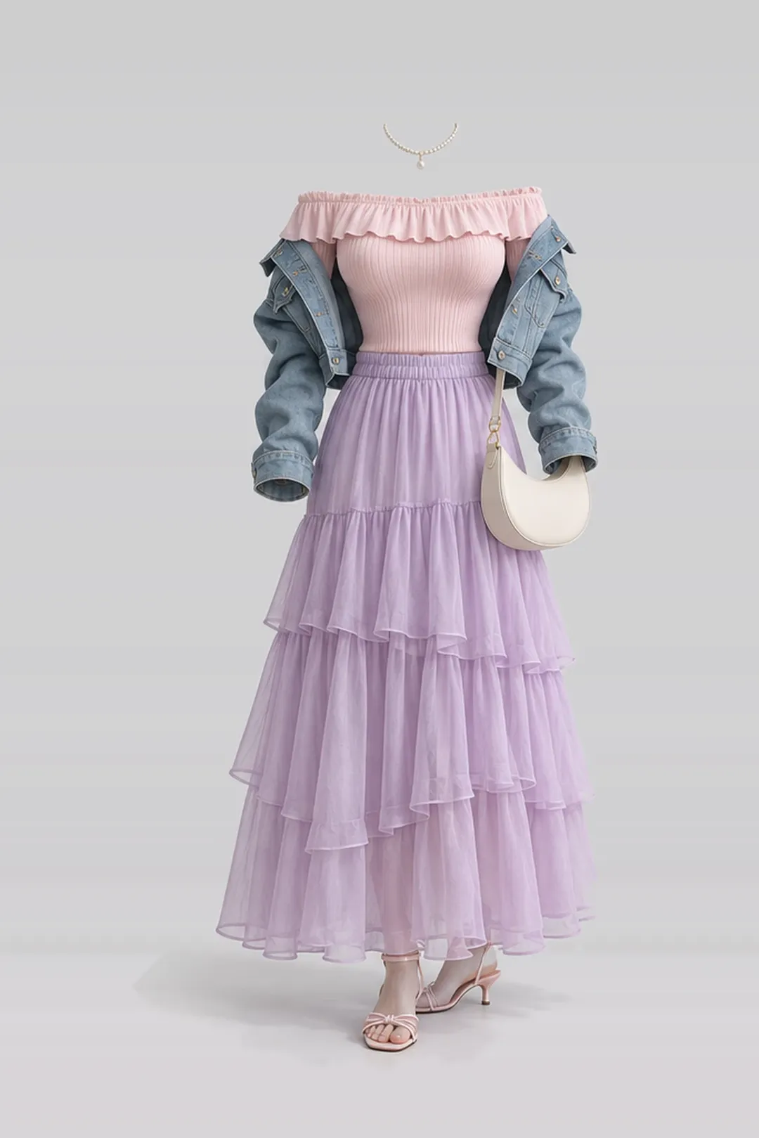 Pink frill knit skirt + denim jacket