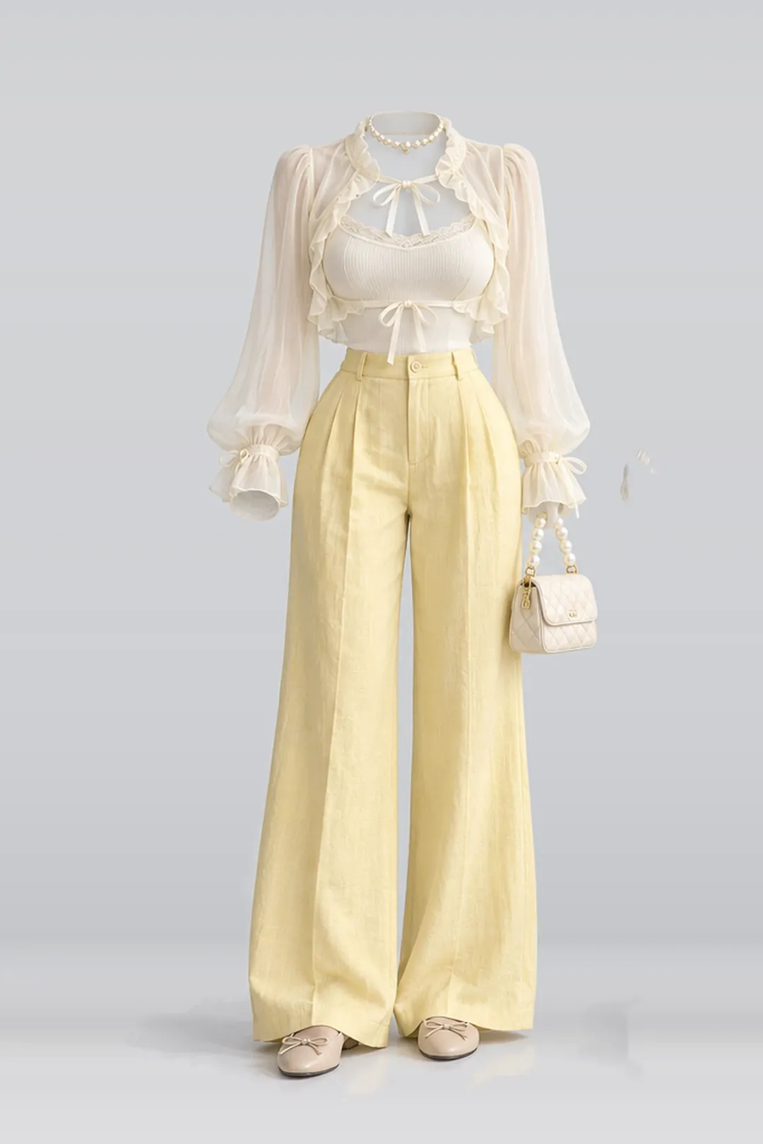 蝴蝶结雪纺吊带 + 长裤