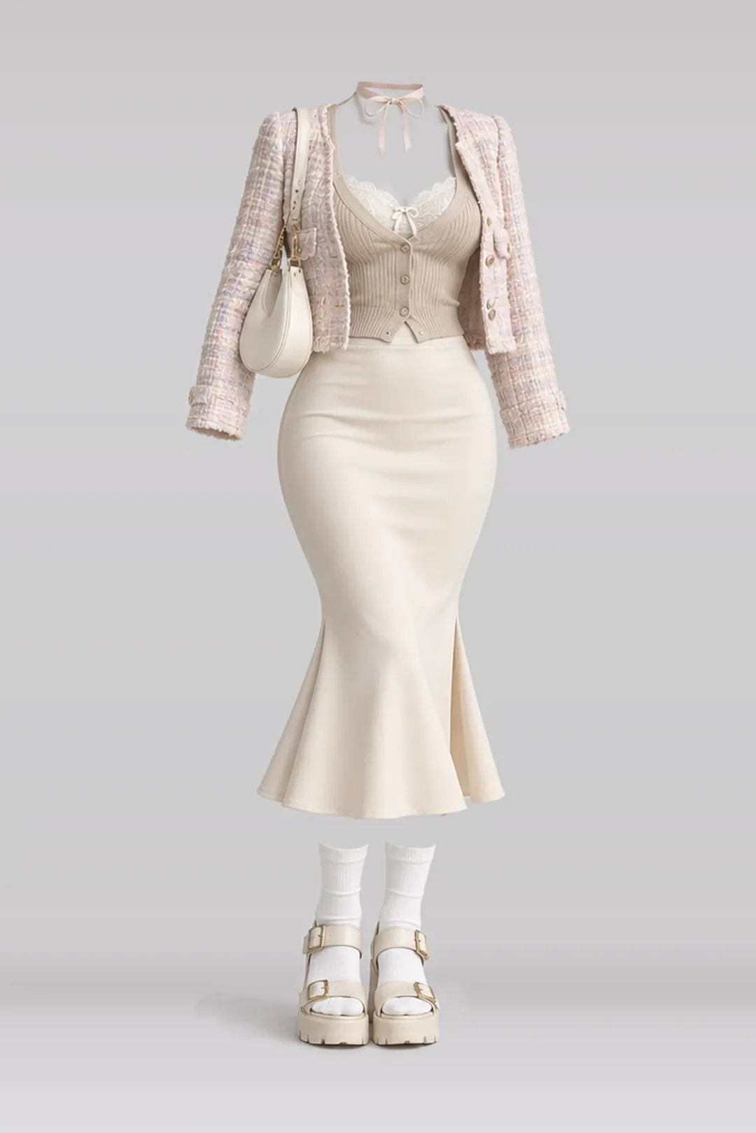 Beige knit cardigan + lace camisole