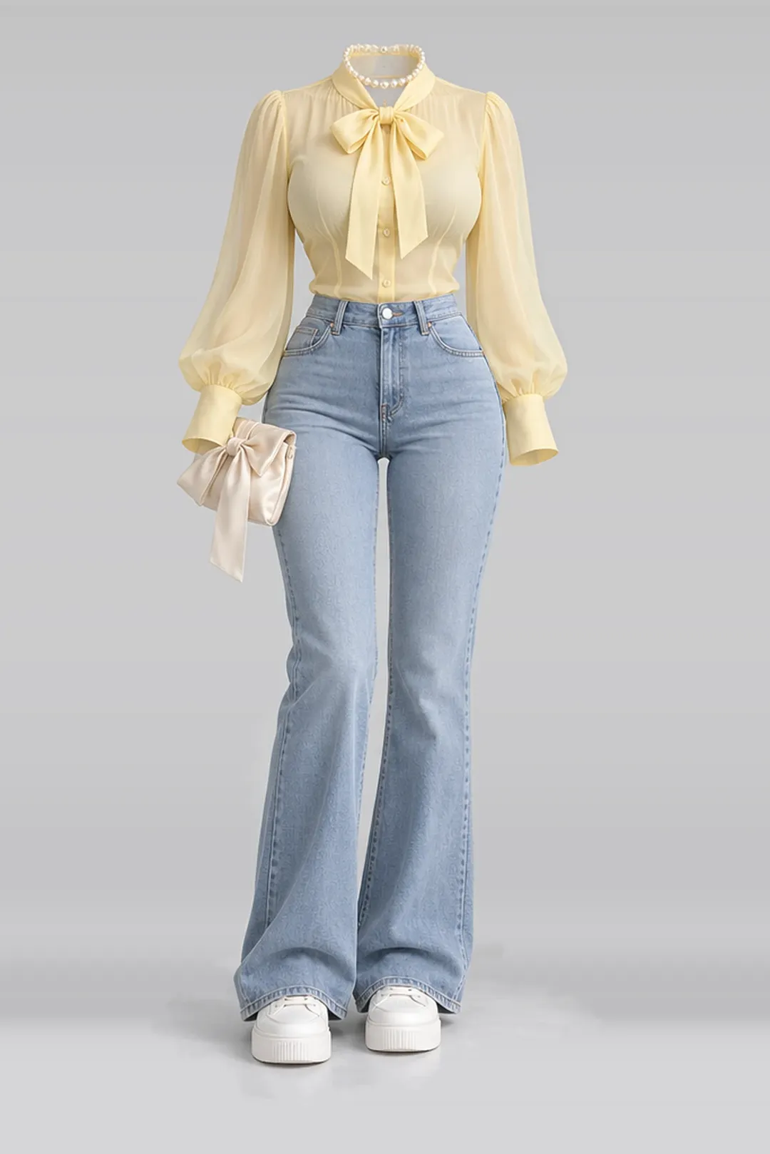 Yellow blouse + blue denim trousers