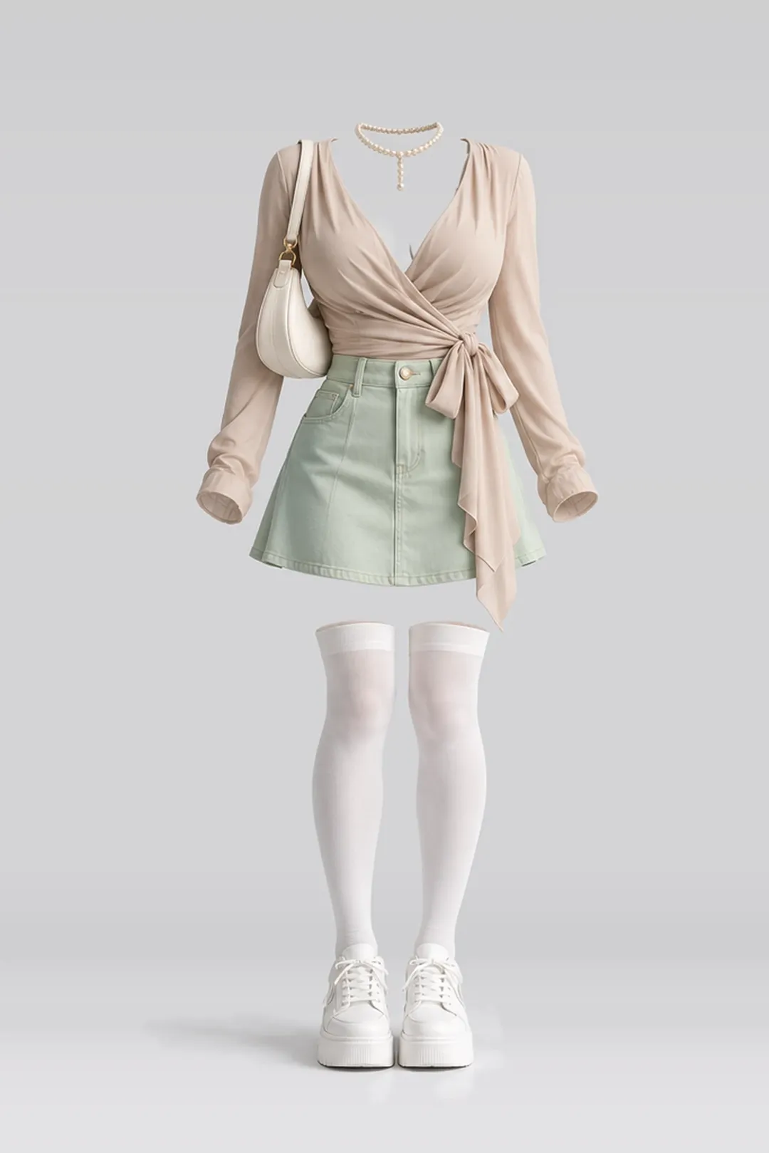 Beige mint green denim mini skirt + white socks