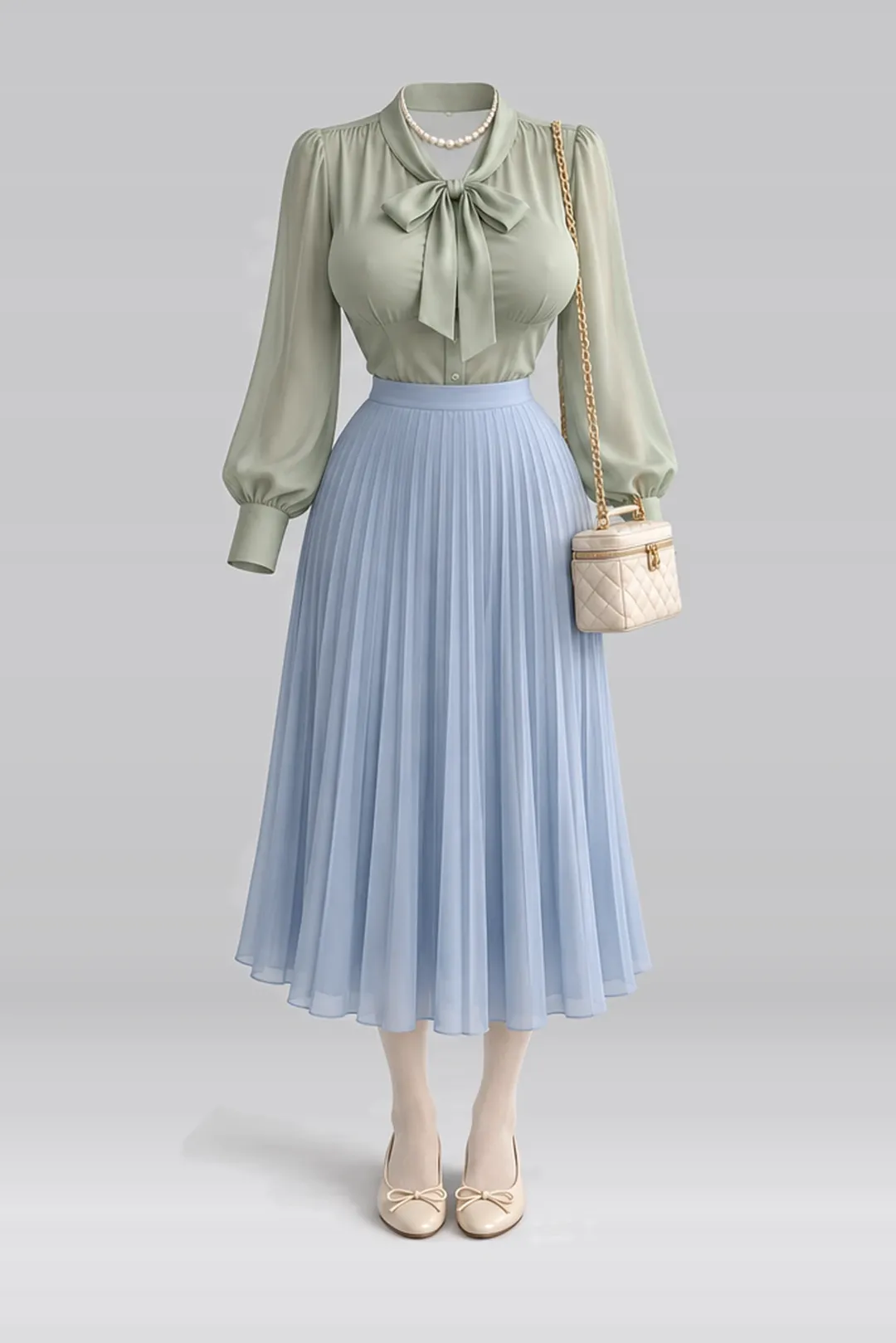 Green blouse + blue pleated midi skirt