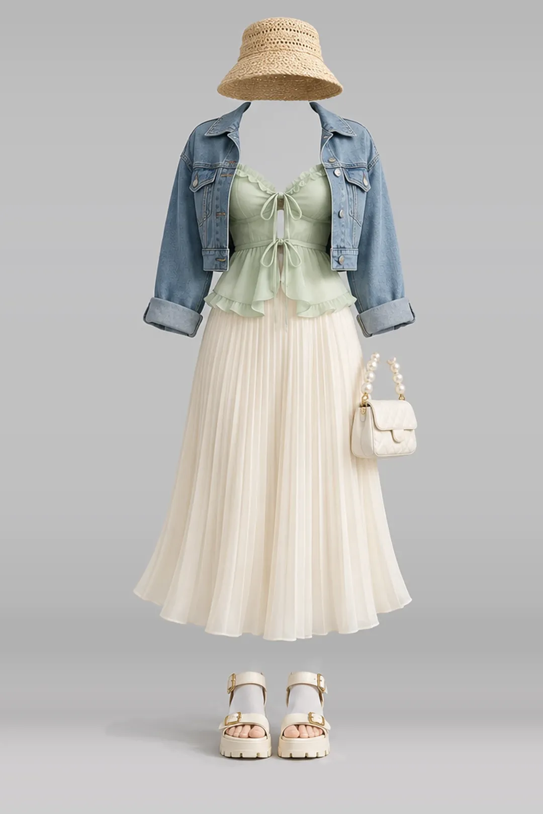 Mint green ribbon chiffon camisole + cream pleated midi skirt