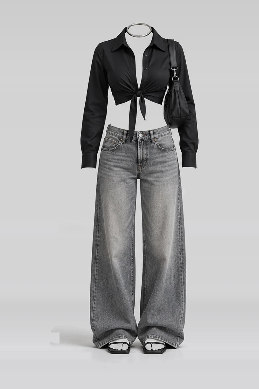 Black shirt + grey jeans