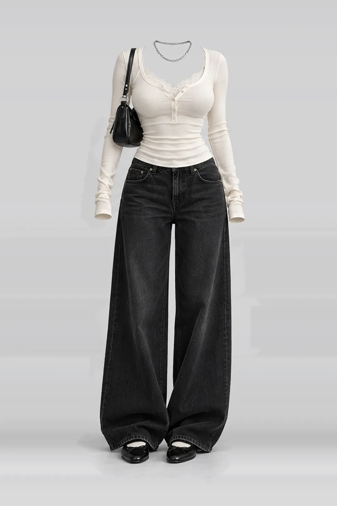 Ivory black denim jeans + leather bag