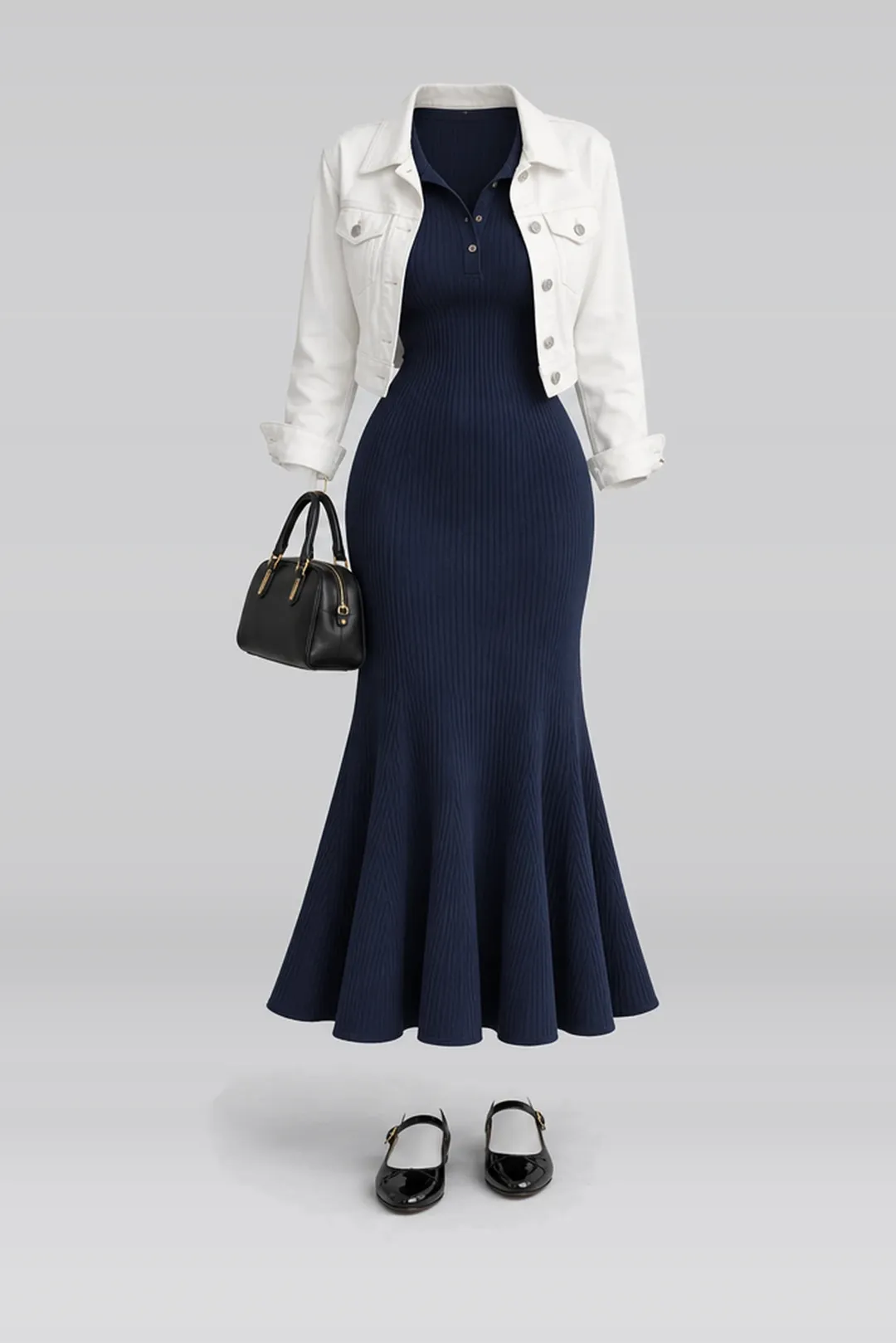 Navy knit dress + white denim jacket