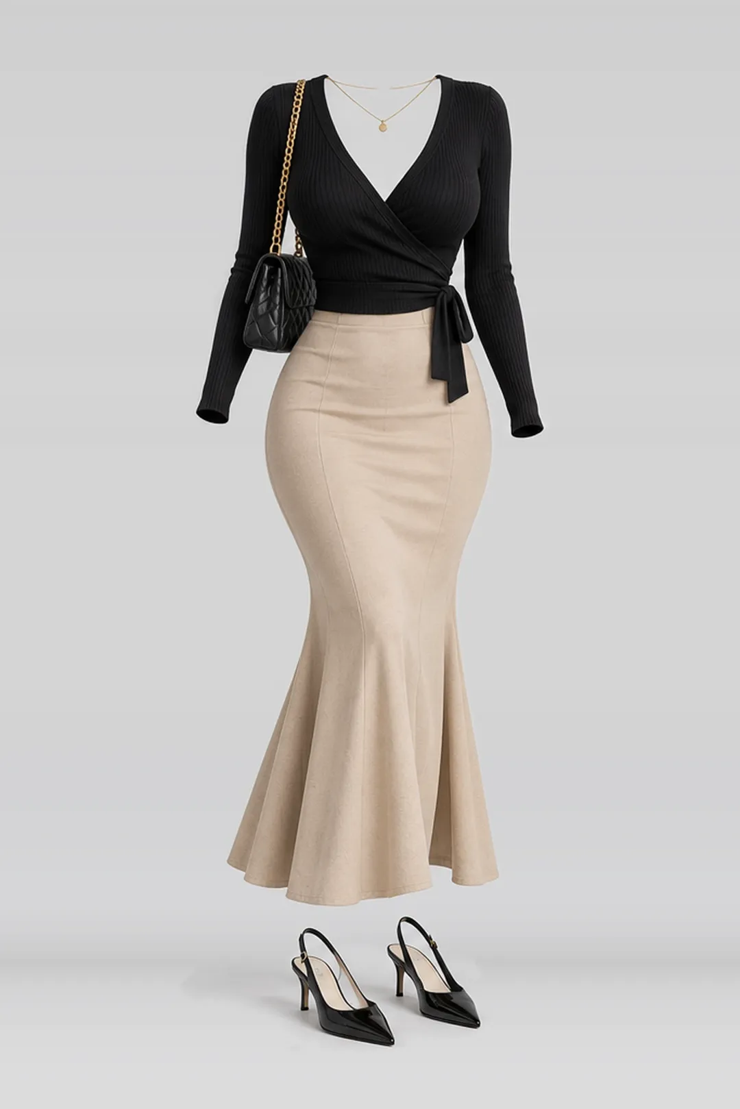 Black knit top + beige skirt
