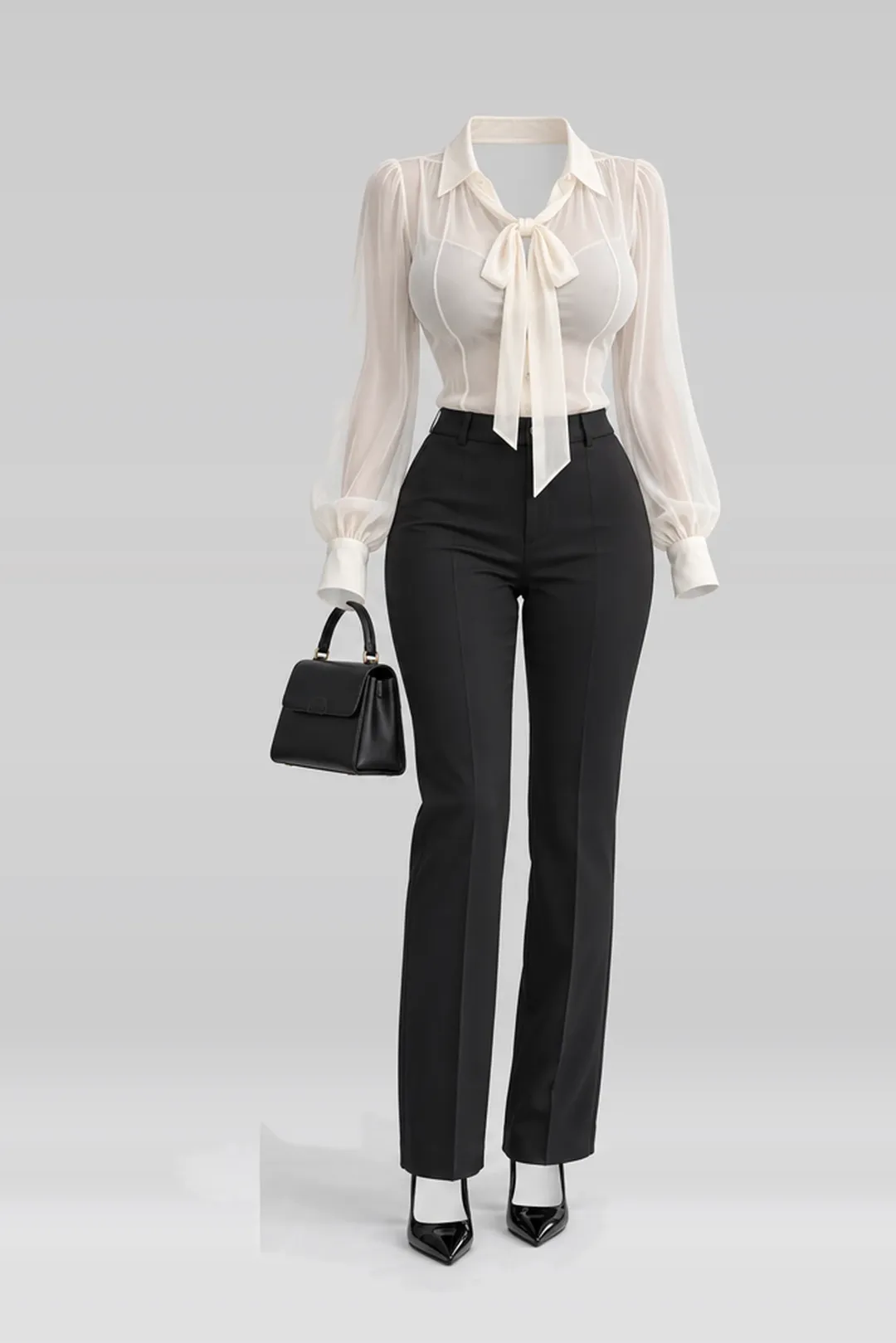 Ivory ribbon blouse + black pumps