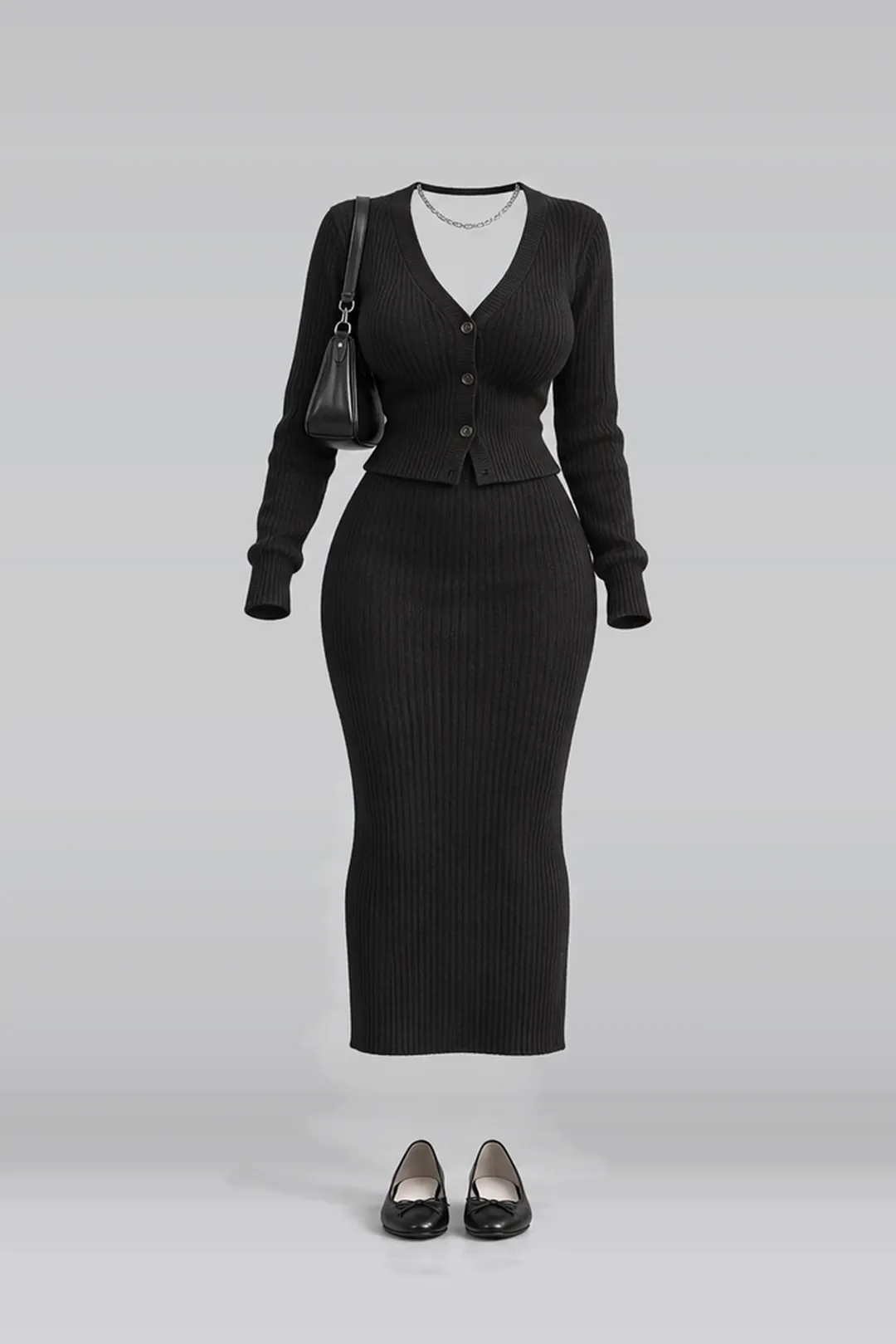 Black knit cardigan + midi skirt