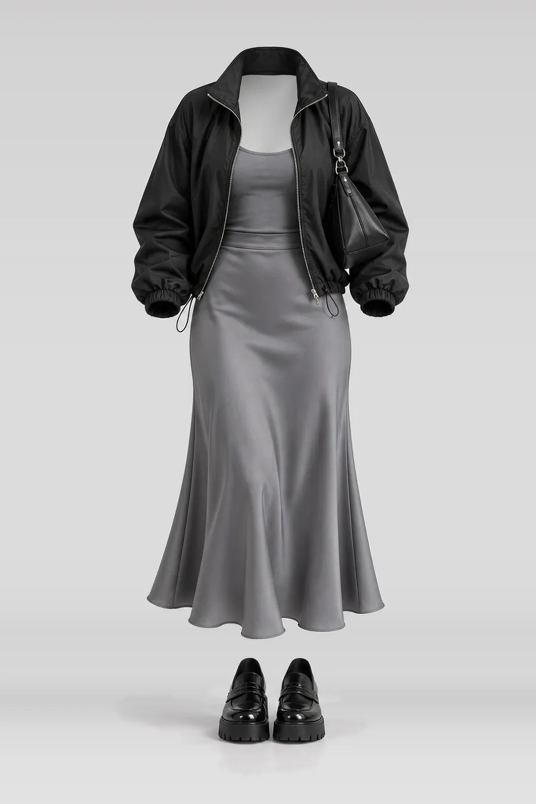 Black grey midi skirt + loafers