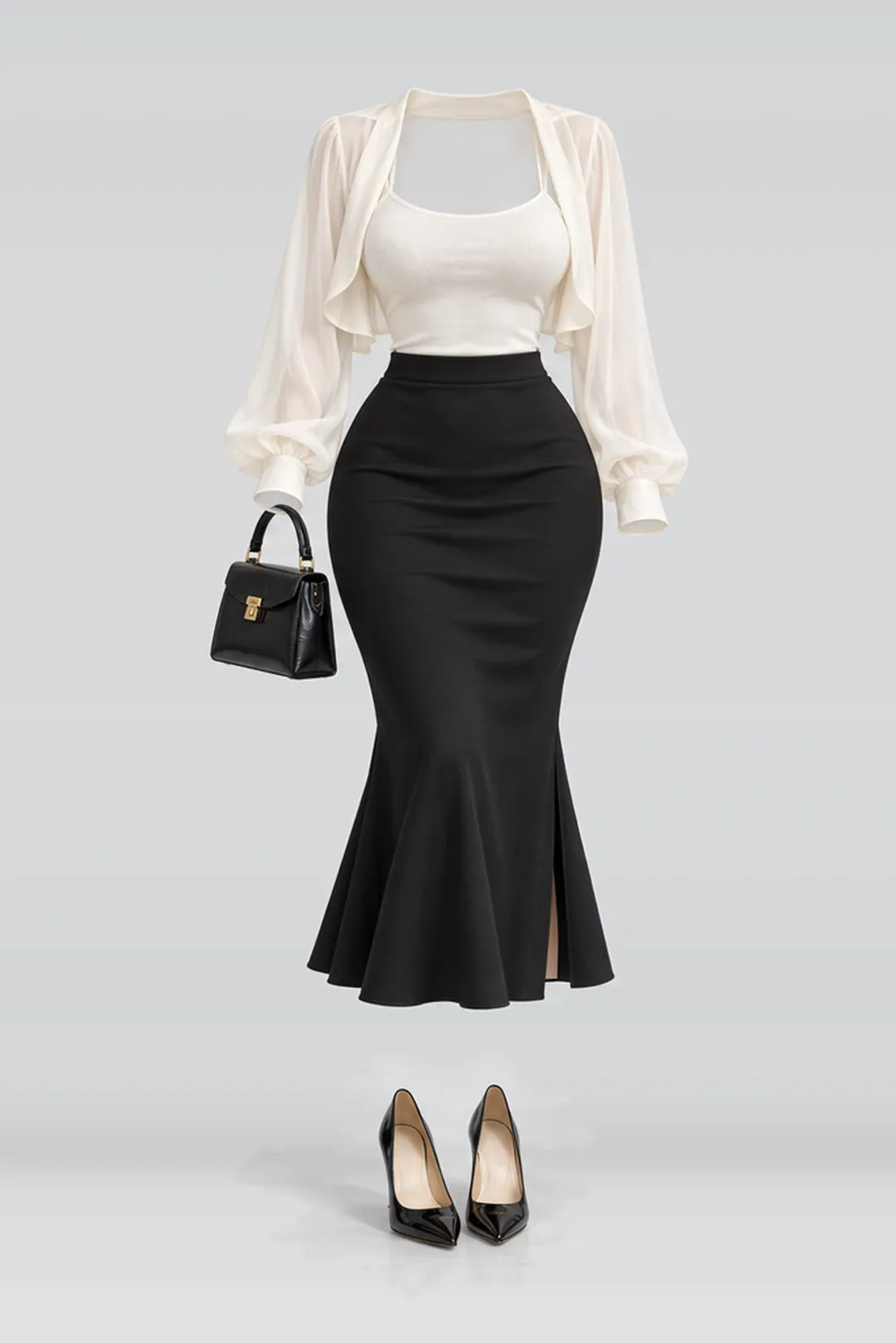 Ivory chiffon camisole + black midi skirt