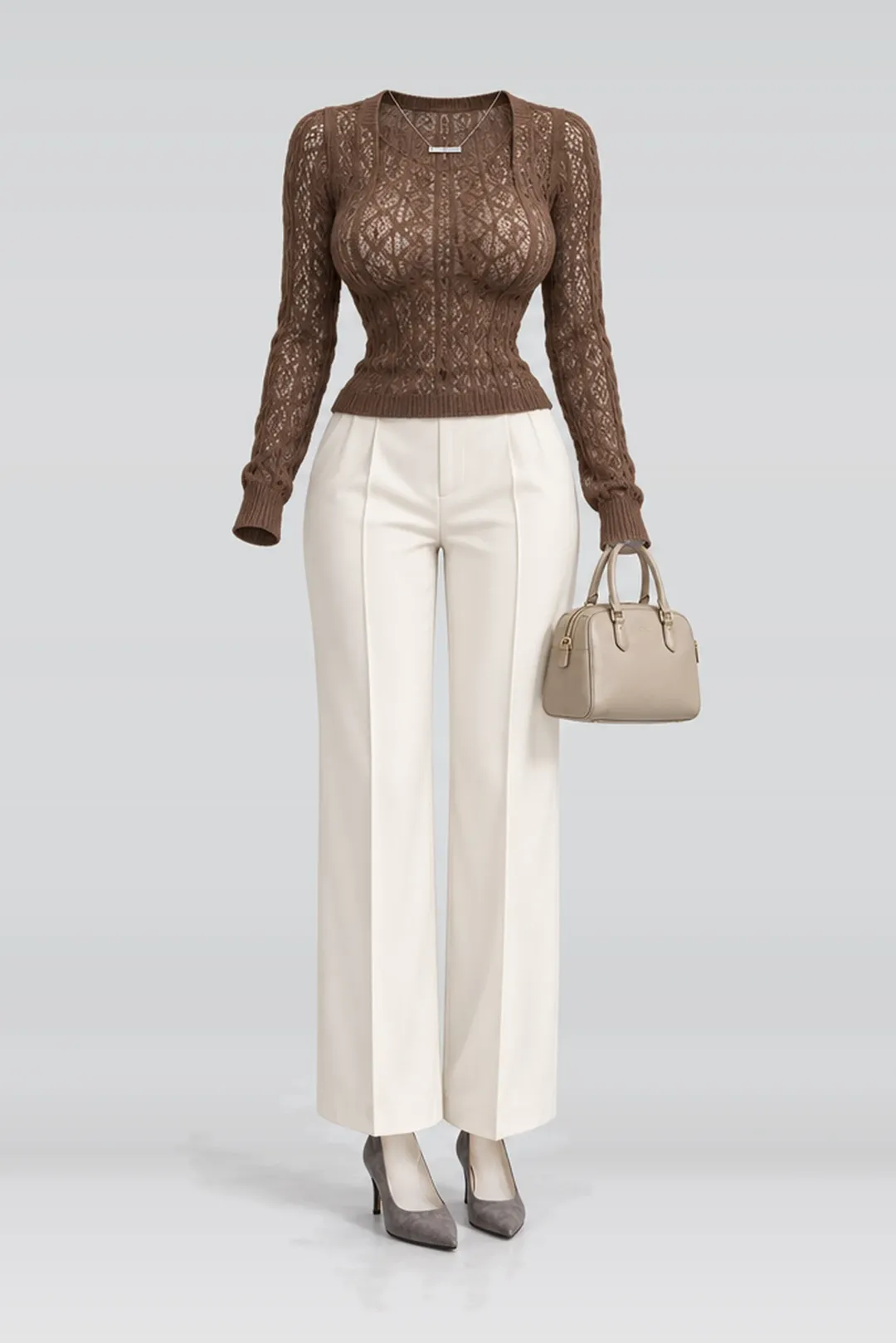 Brown lace knit top + ivory trousers