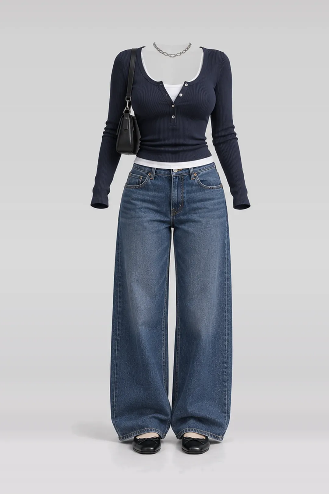 Navy denim jeans + black leather bag