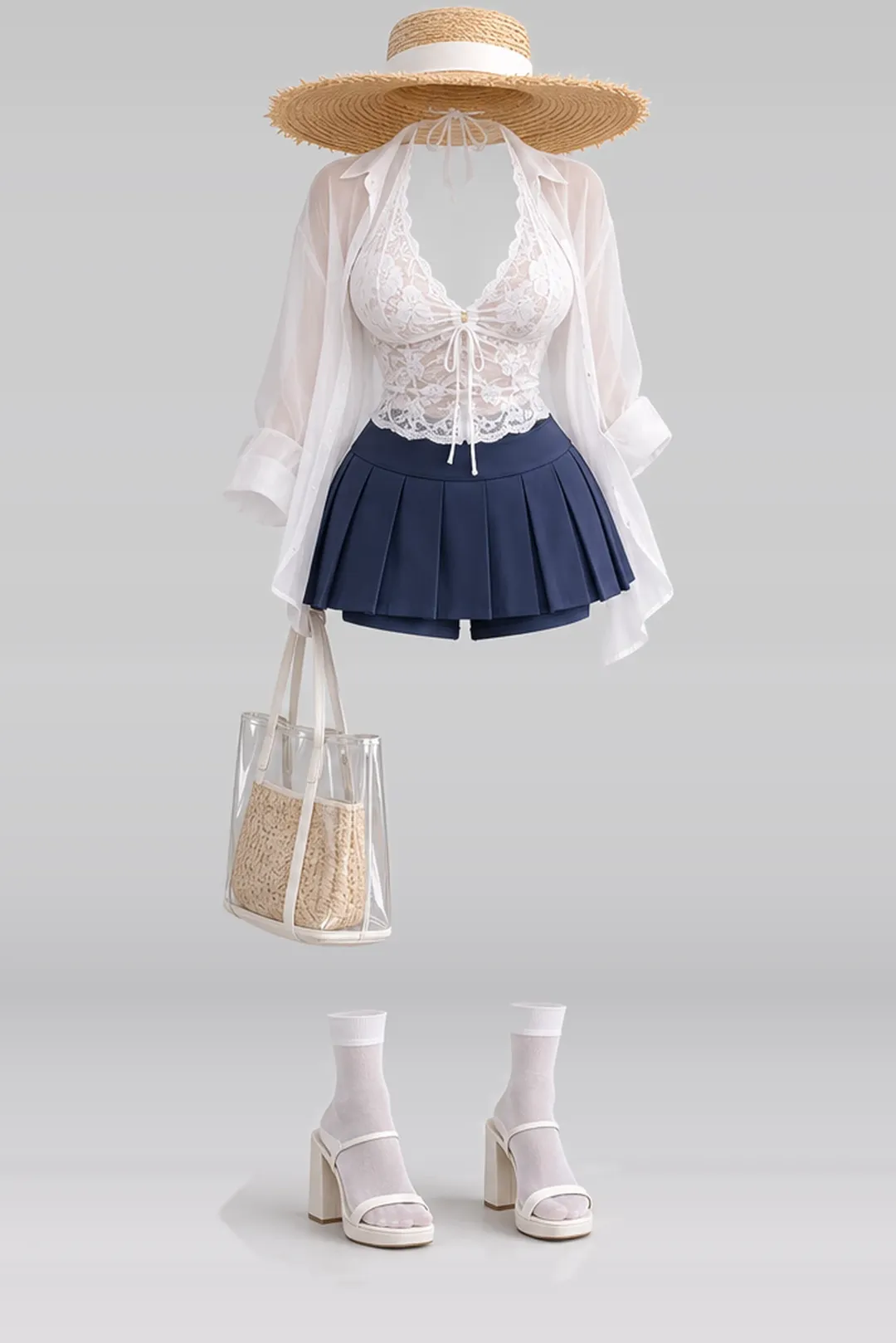 White lace trim + navy pleated mini skirt