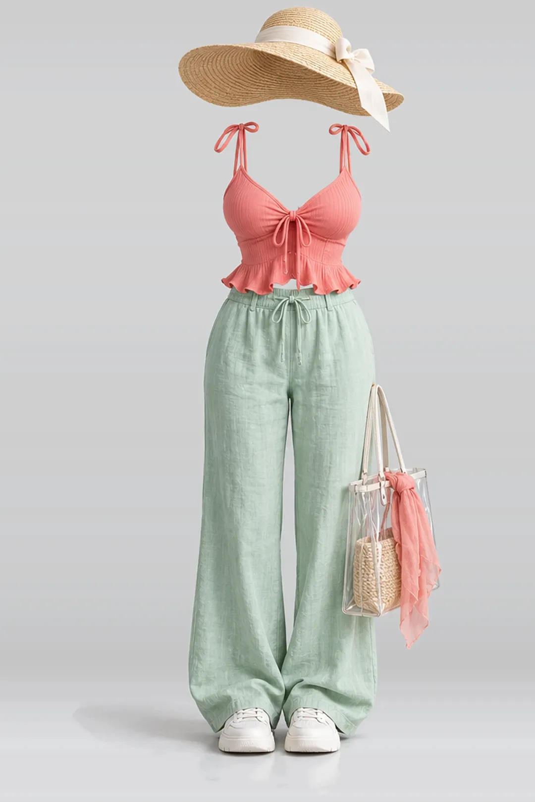 Ribbon camisole + mint trousers