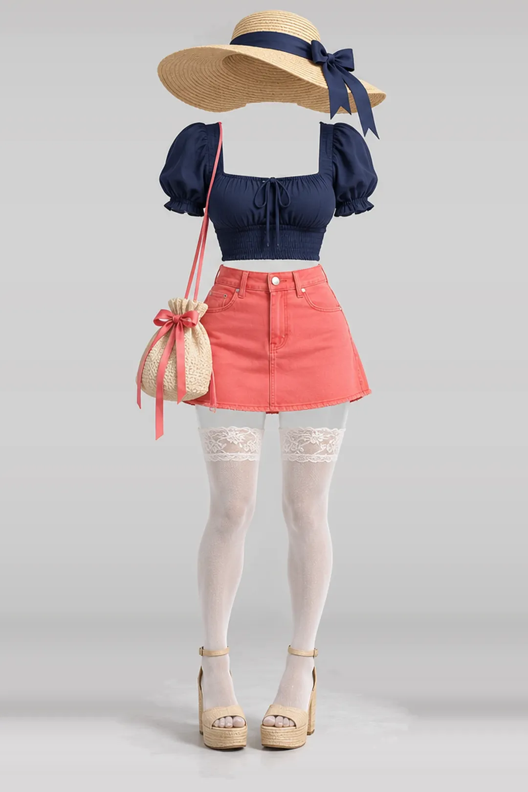 Navy denim mini skirt + lace socks