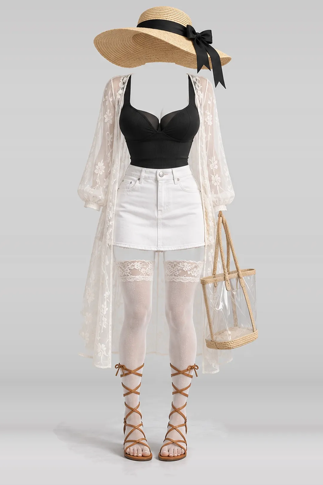 Black white denim mini skirt + cardigan