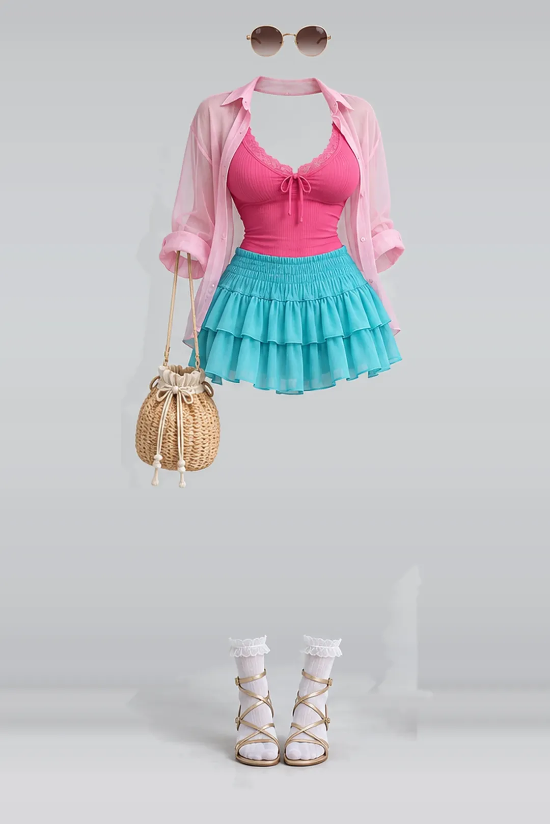 Pink lace blouse + mini skirt