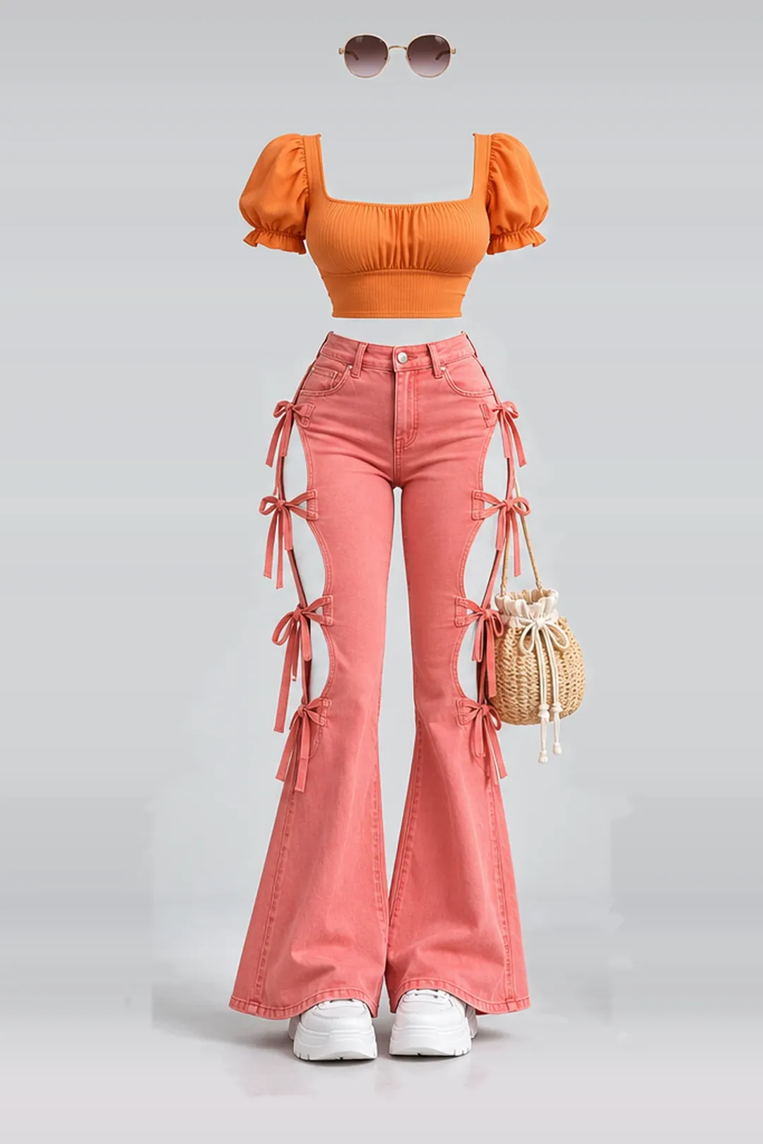 Orange ribbon denim trousers + white sneakers