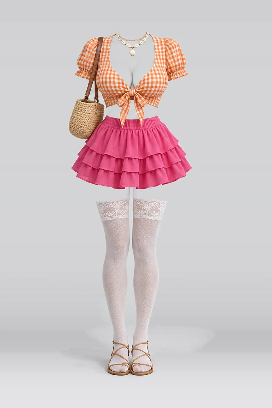 Orange pink mini skirt + lace socks