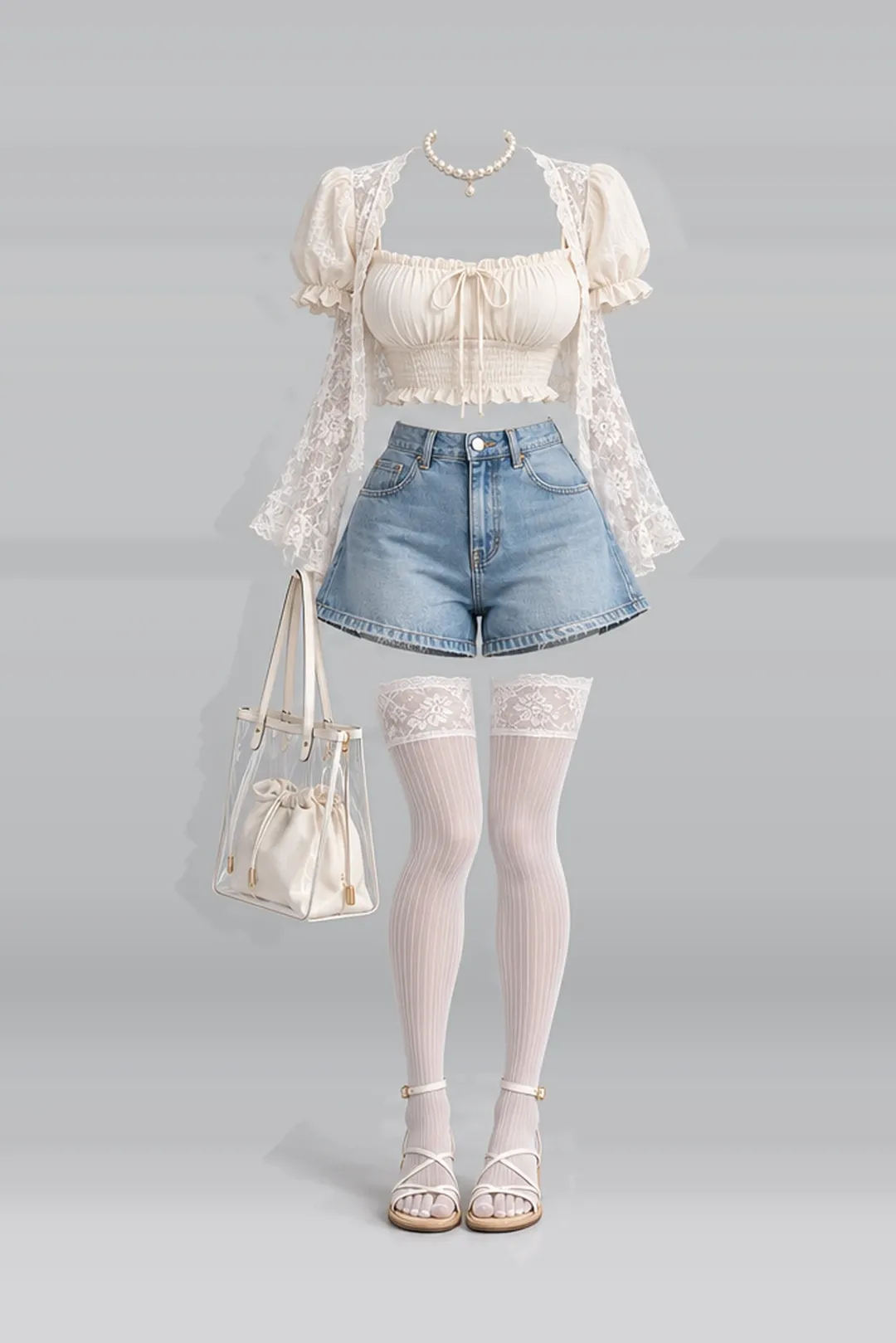 Cream denim shorts + lace socks