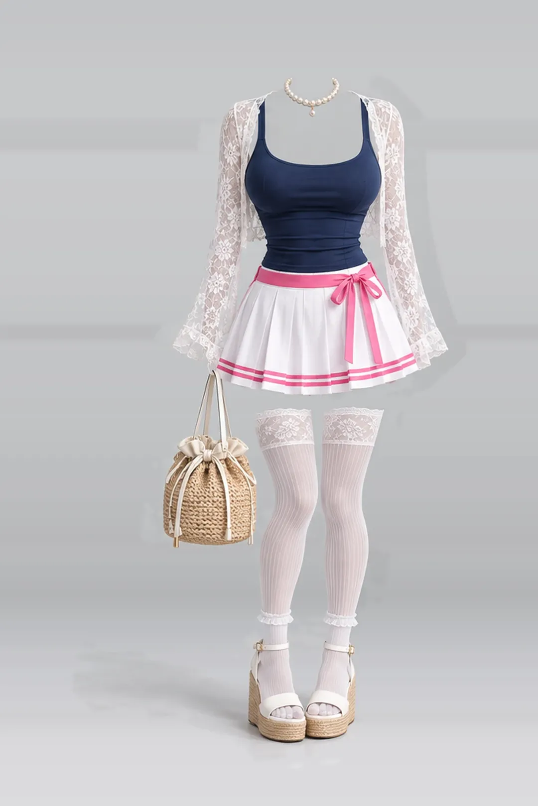 Navy pink white mini skirt + lace socks