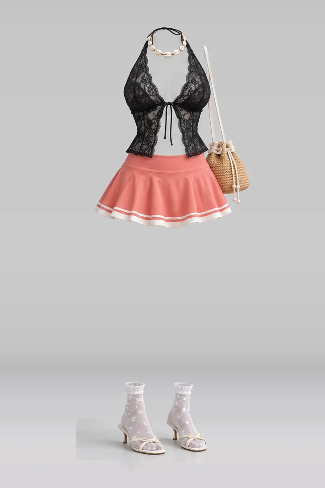 Black lace trim + white mini skirt