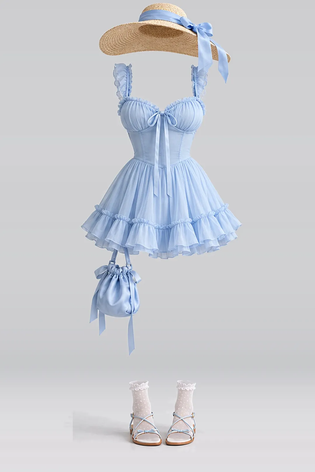 Blue ribbon frill pleated dress + white socks