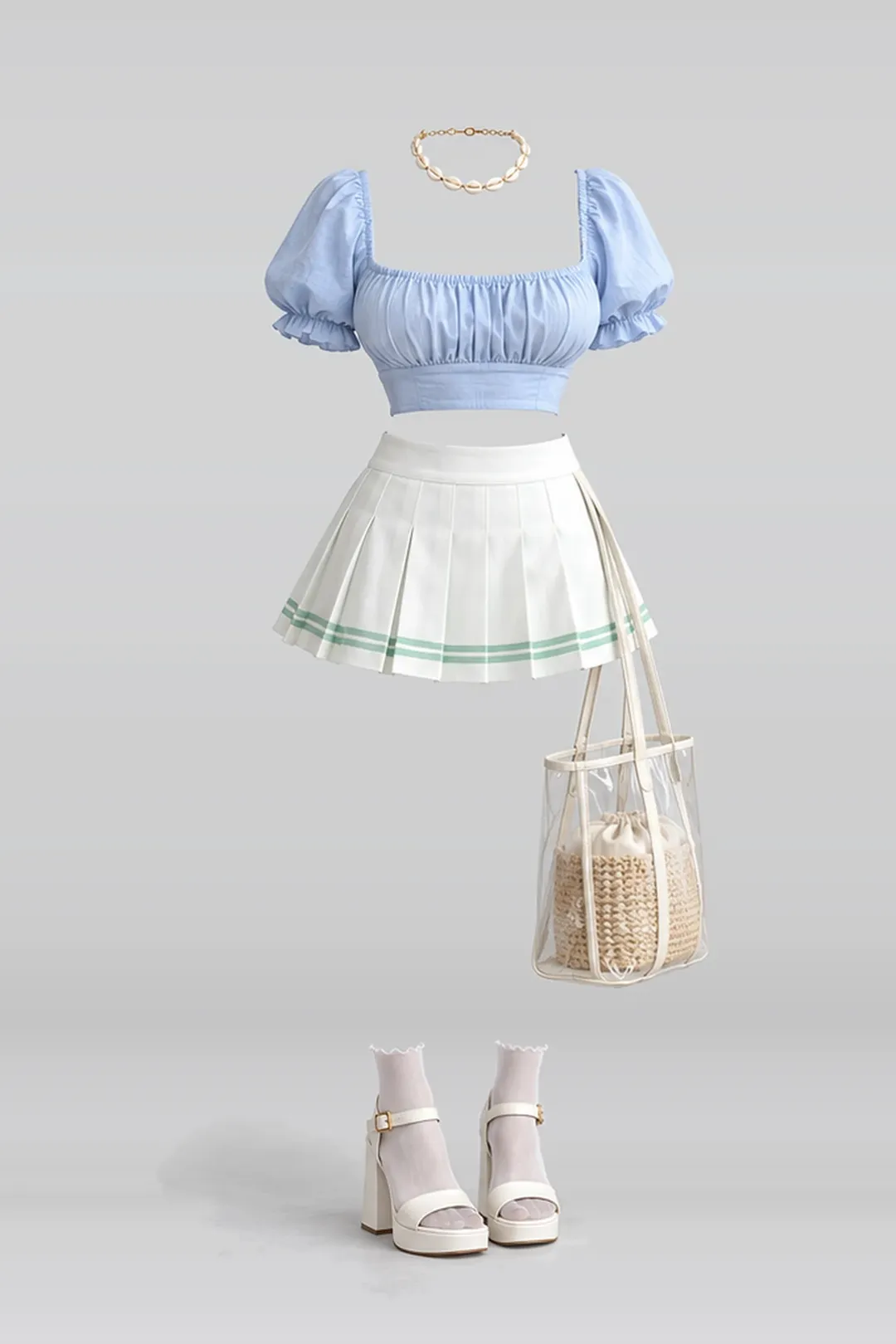 Blue mint white mini skirt + socks