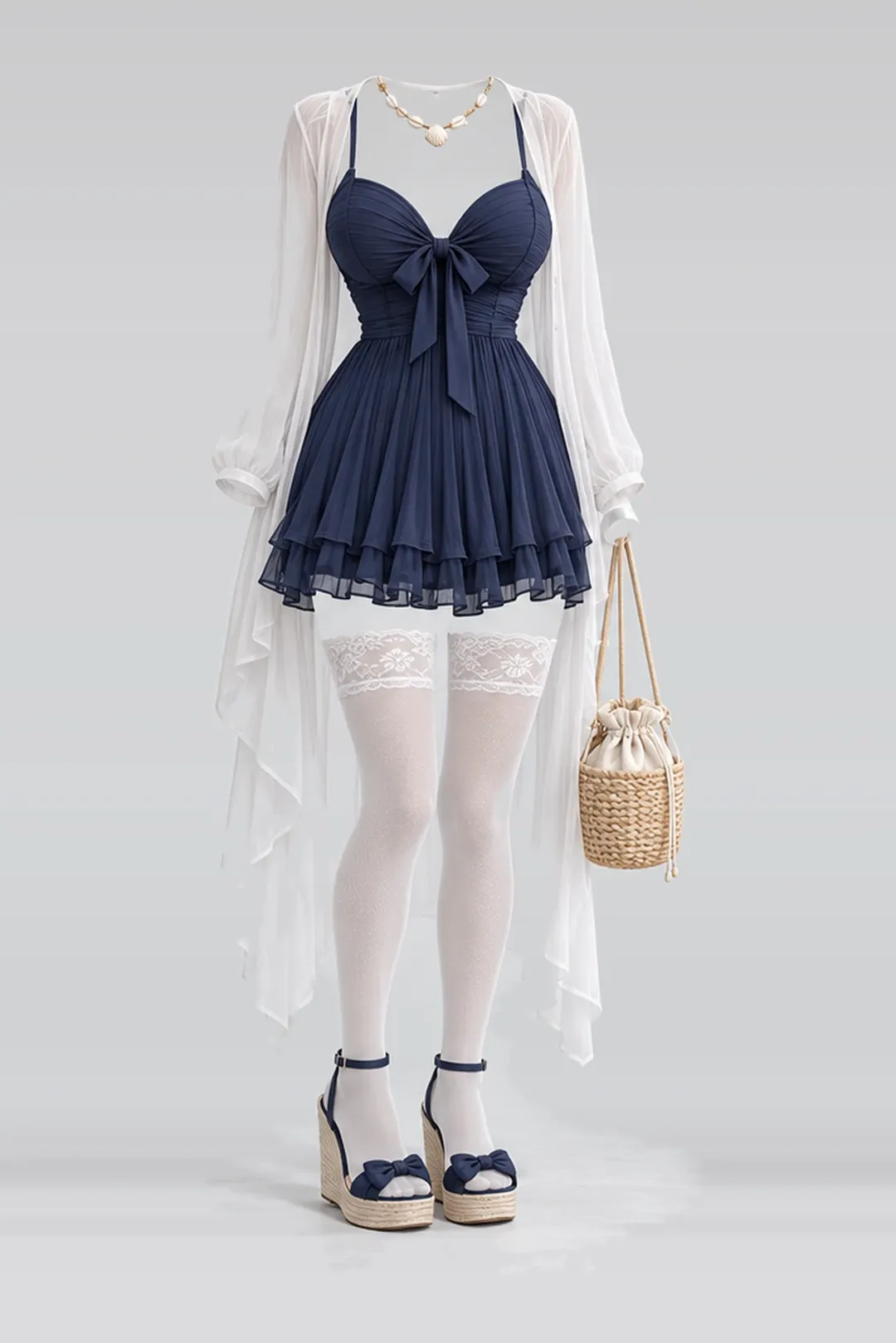 Navy ribbon frill pleated dress + cardigan
