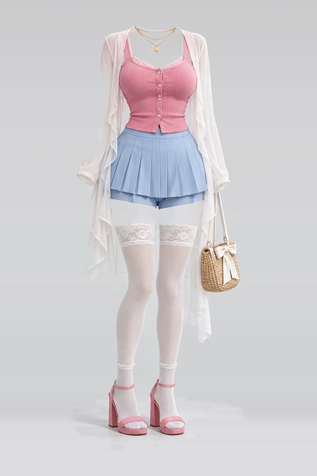 Pink cardigan + blue pleated mini skirt