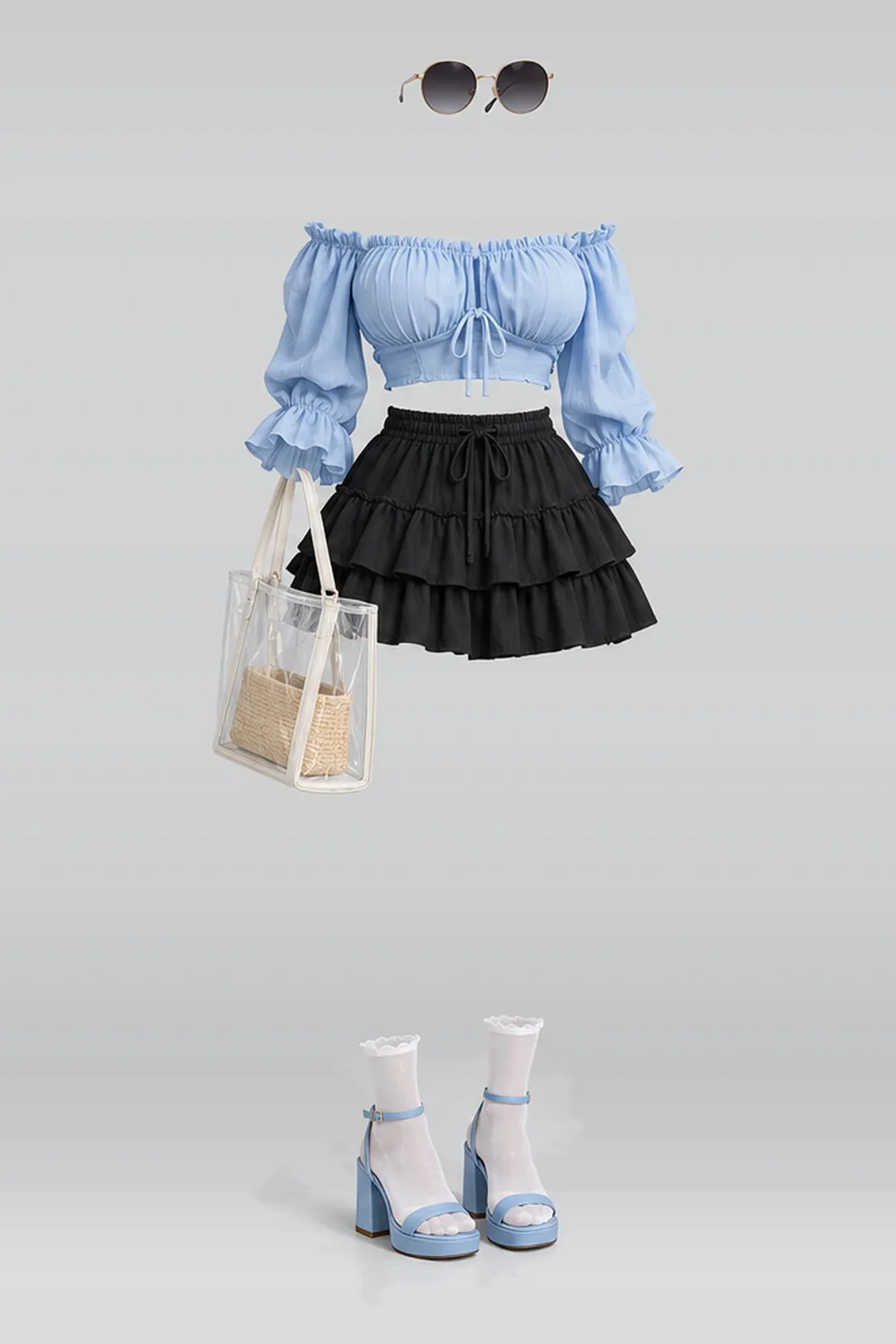 Blue blouse + black mini skirt