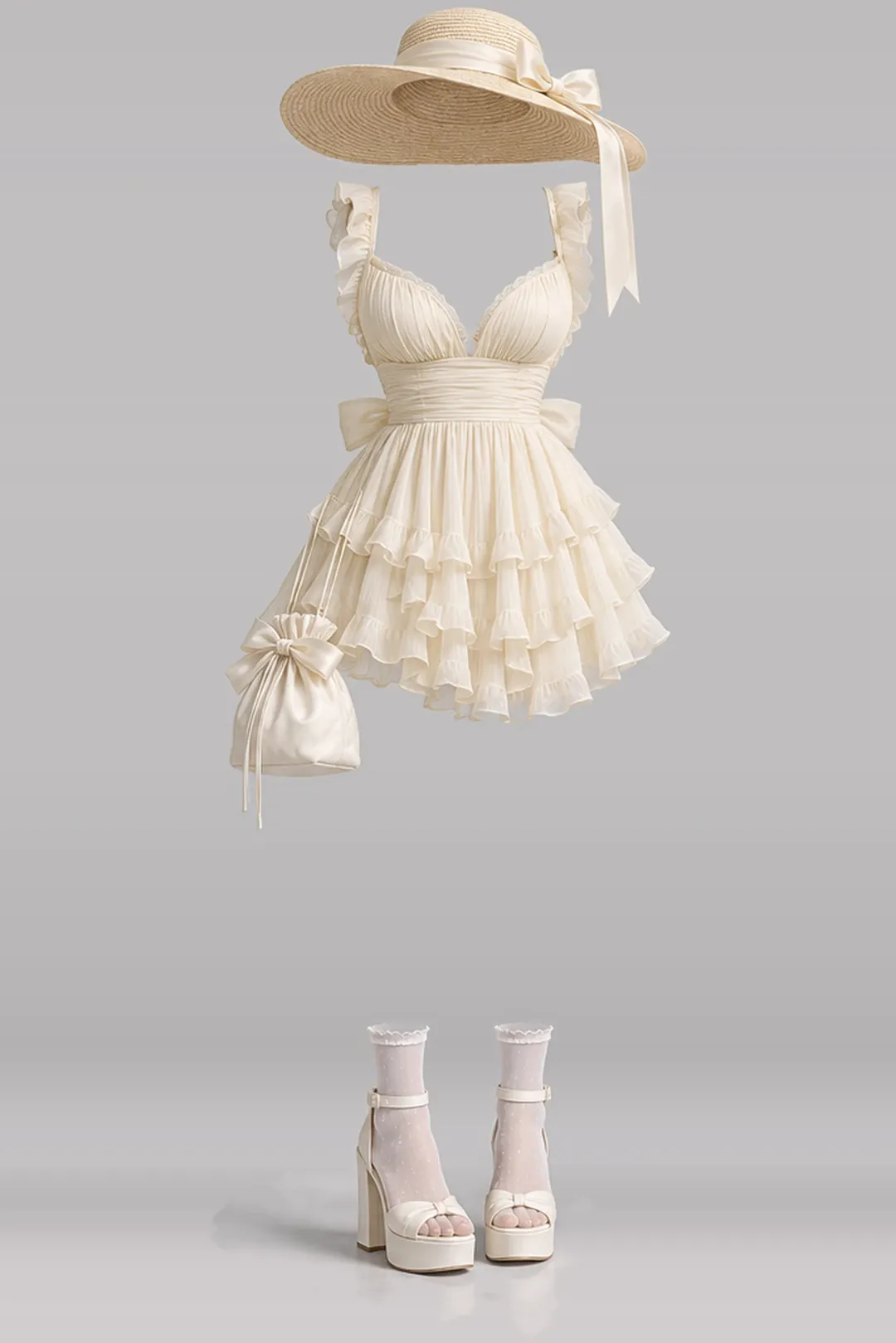 Cream ribbon frill pleated dress + white socks