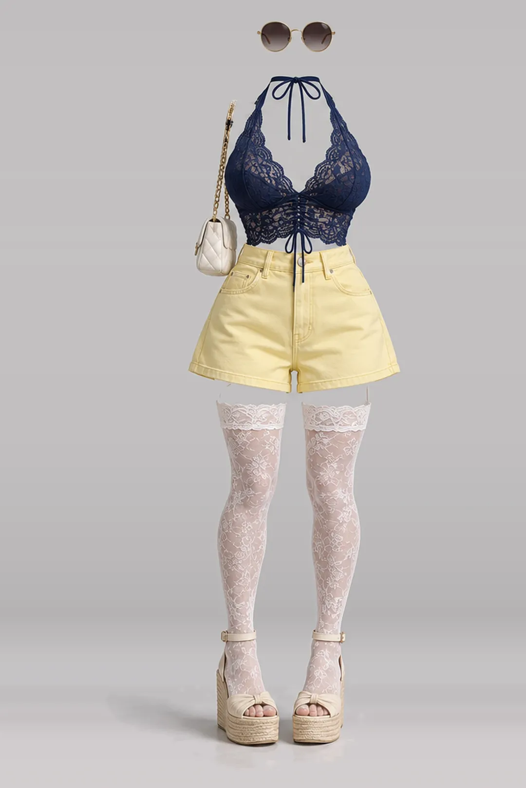Navy lace trim + yellow denim shorts