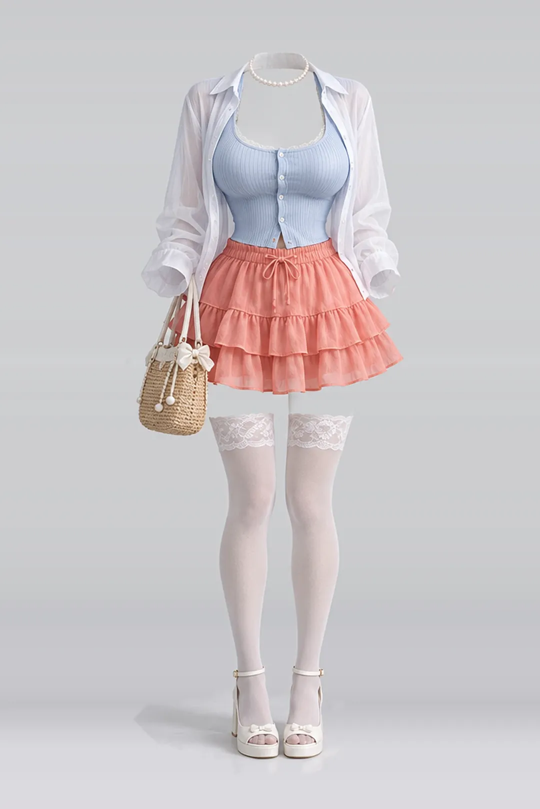 Blue cardigan + mini skirt