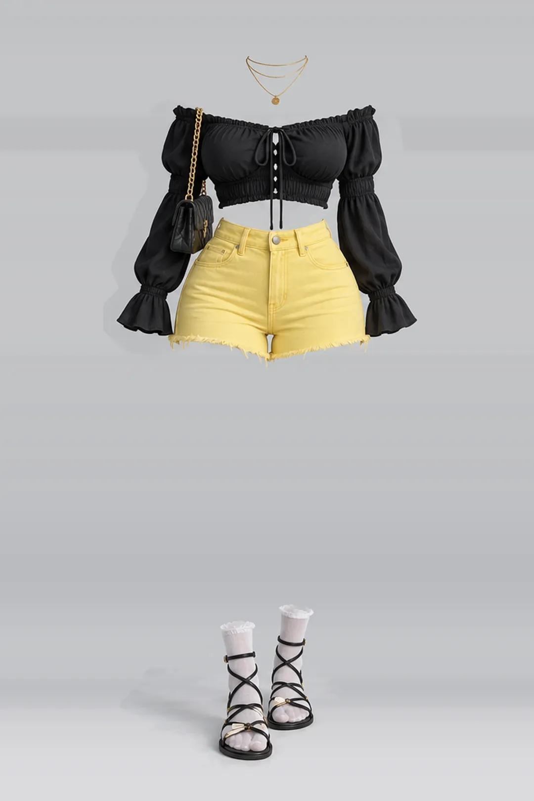 Black blouse + yellow denim shorts