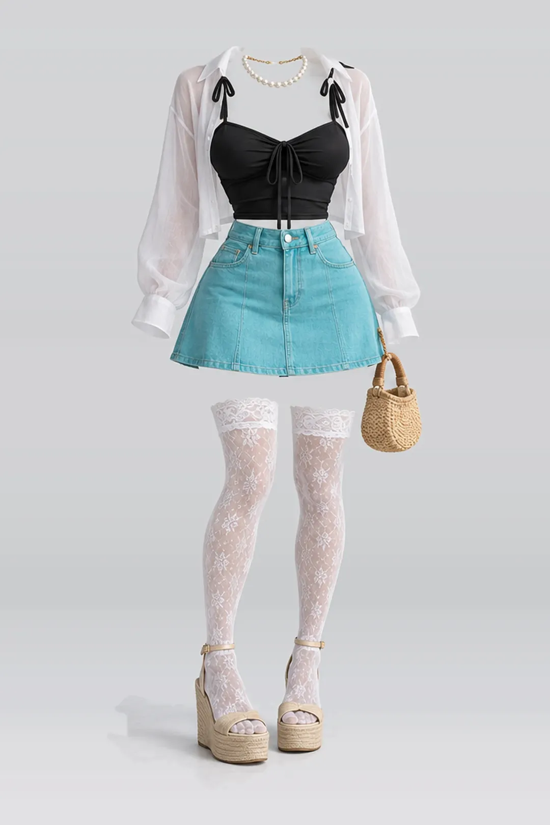 Black ribbon camisole + denim mini skirt