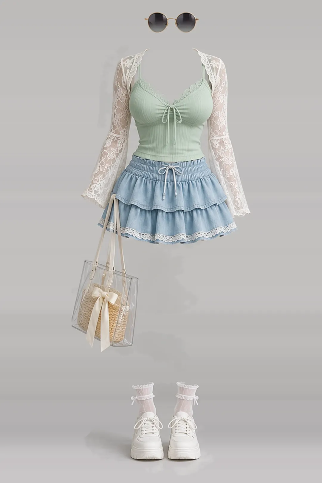 Mint lace blouse + blue mini skirt
