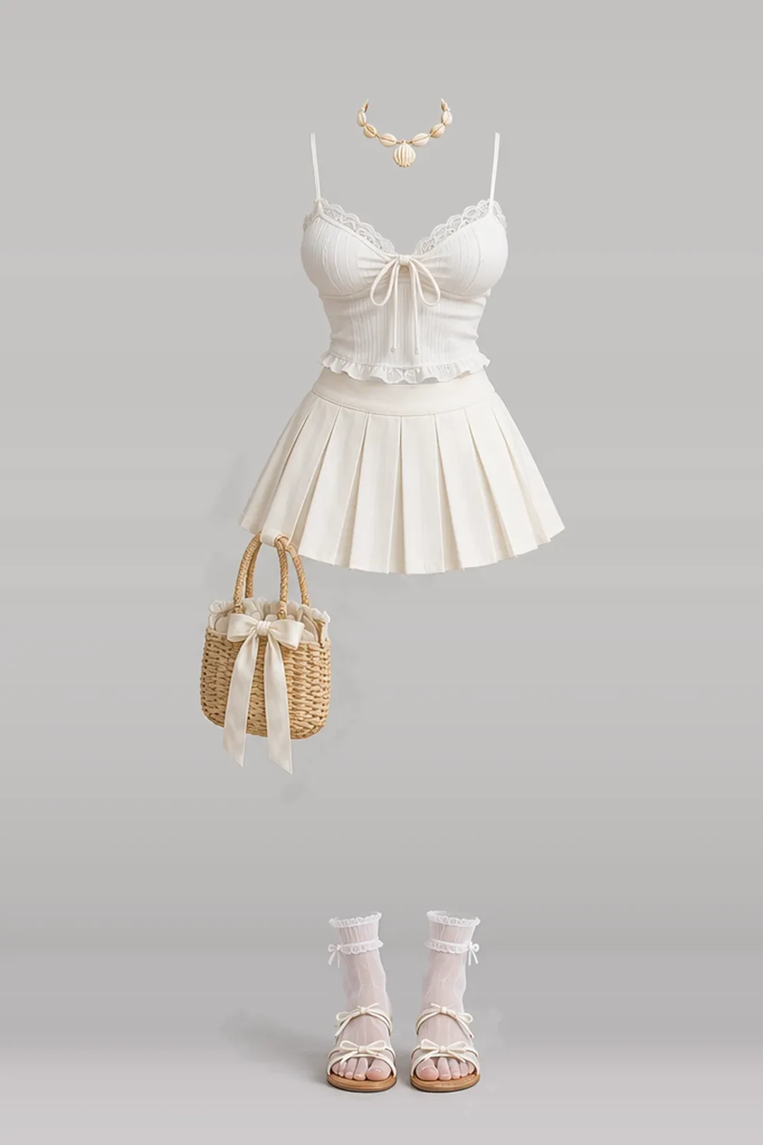 White ribbon camisole + cream mini skirt