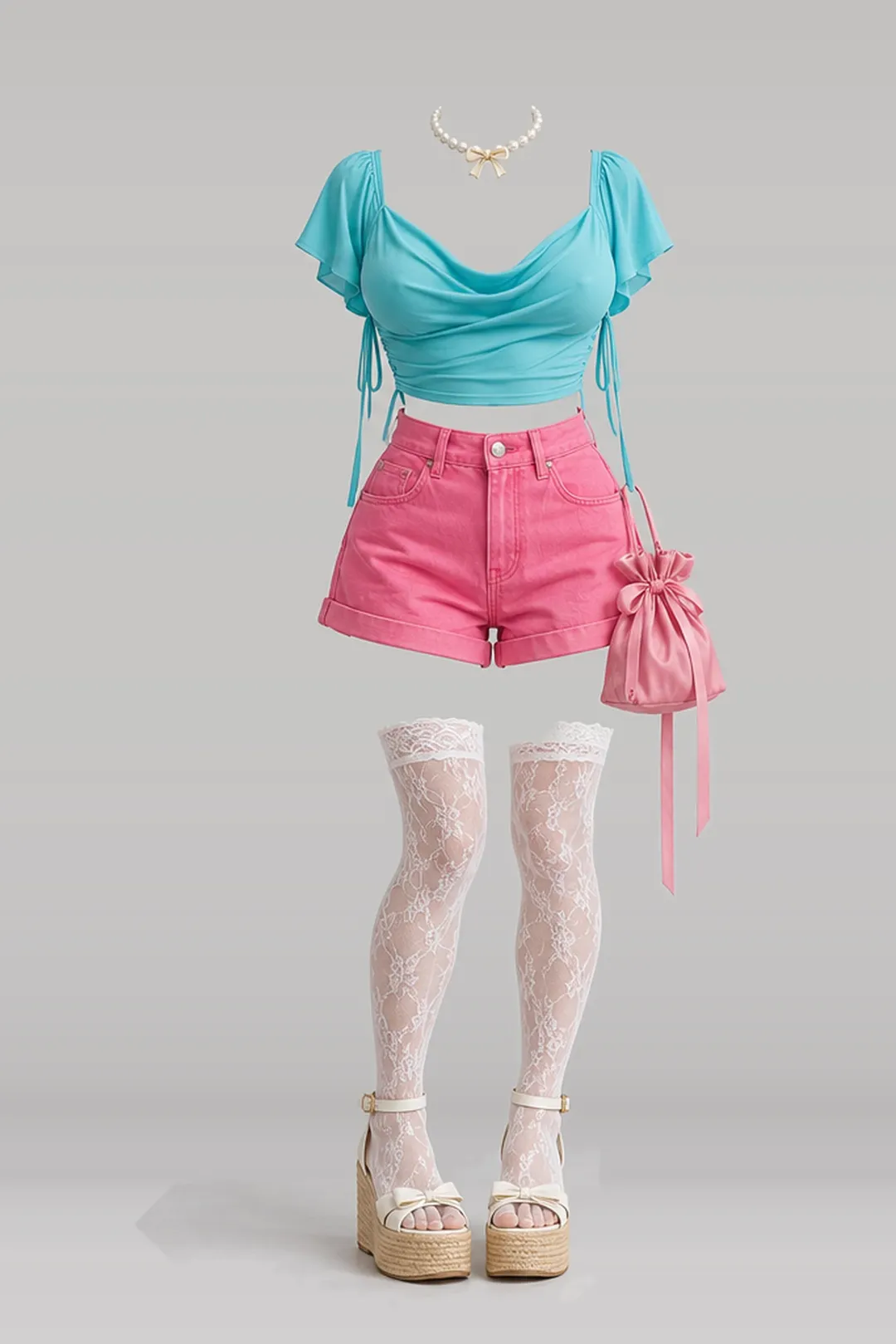 Pink denim shorts + lace socks